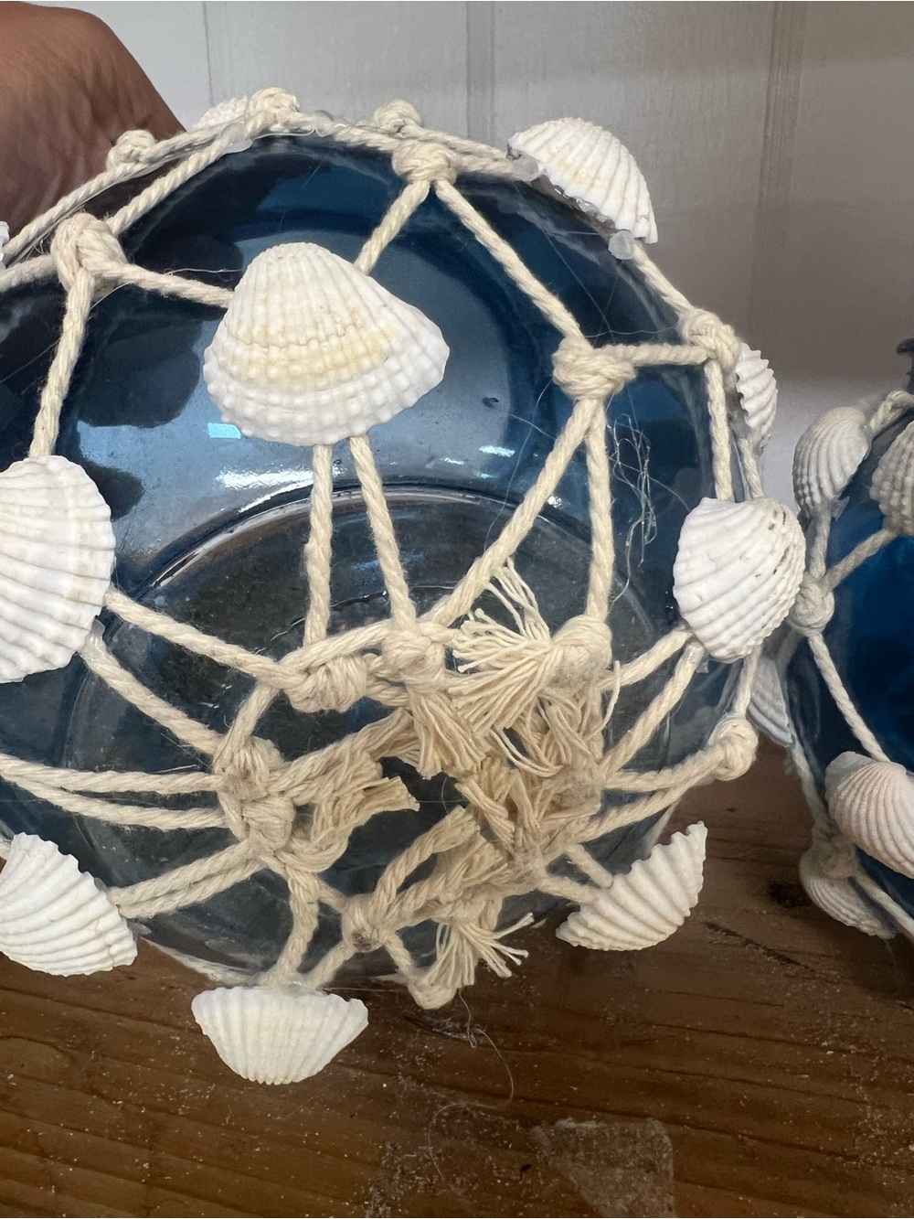 Handcrafted Blue Glass Shell Net Vase - Coastal Accent - Picture 4 of 6